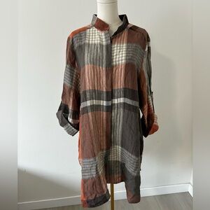 Women's Linen Midi Shirt Dress in Rust & Gray Plaid